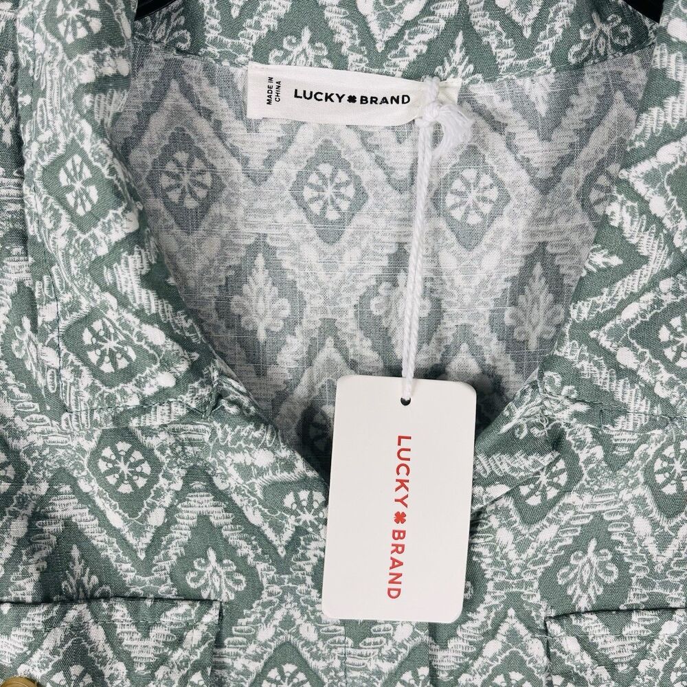 Lucky Brand Women's Midi Dress Large Green Print Button Front Short Sleeve Flowy - Picture 4 of 9